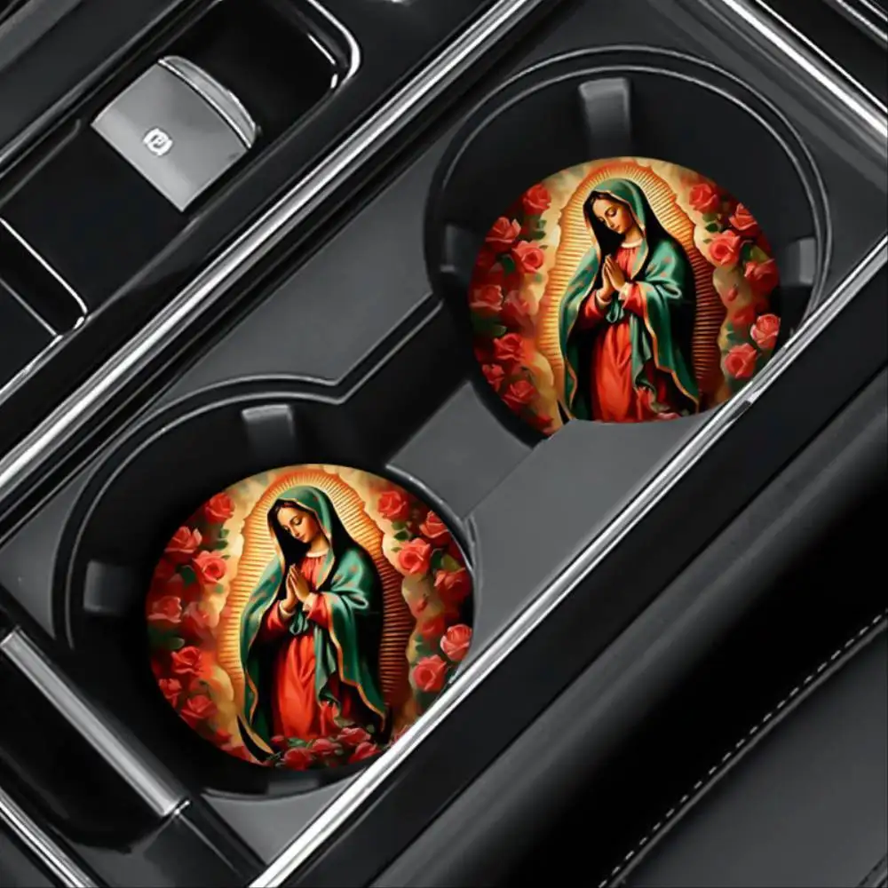 Flower And Virgin Mary EVA Car Coasters Circular Table & Car Cup Holder Decor Holiday Gift