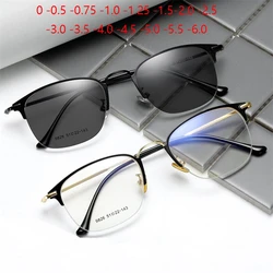 Metal Photochromism Gray Lens Prescription Eyeglasses Women Men Half Frame Square Shortsighted Eyewear 0 -0.5 -0.75 To -6.0