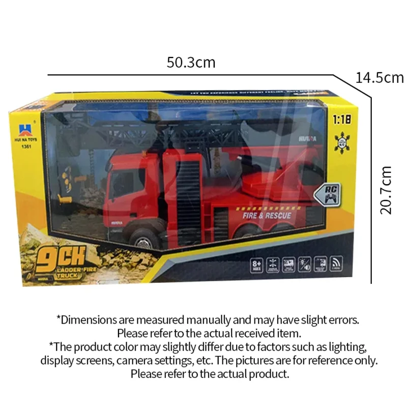 Huina 1361 1:18 caminhão de bombeiros com controle remoto 9ch simulação de liga brinquedo elétrico rc com função de spray de água para adultos/crianças