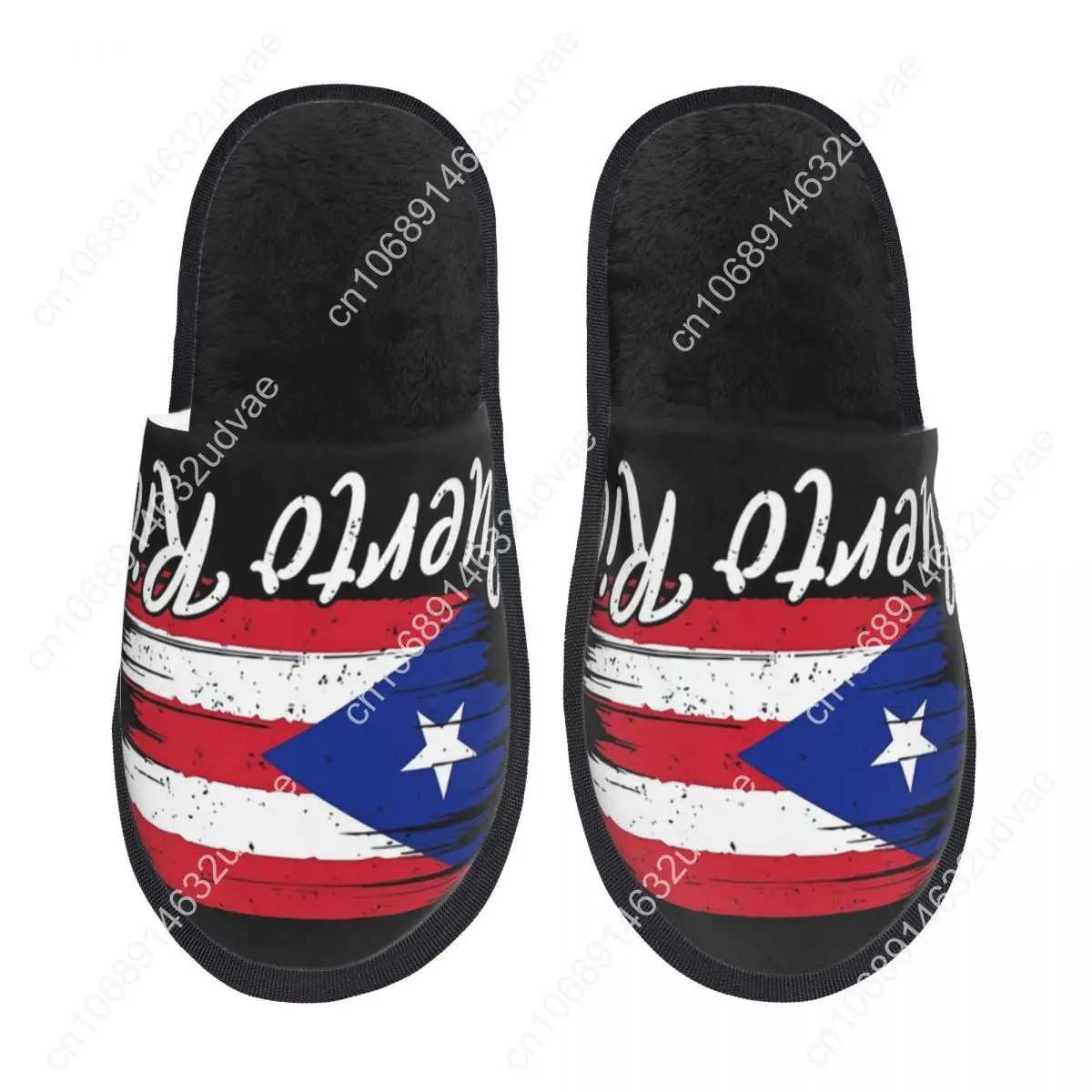 Sandal bulu hangat untuk pria dan wanita, sandal rumah halus hangat bendera Puerto Rico musim dingin untuk pria dan wanita