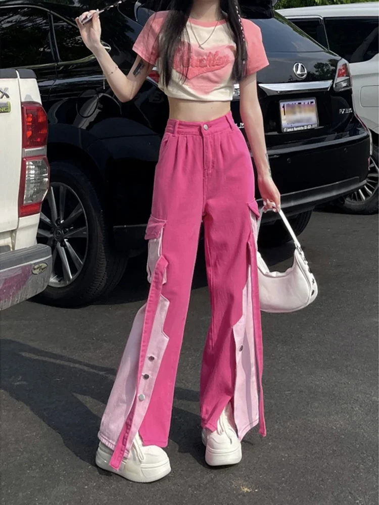 

Pink Women Cargo Pants Loose Baggy Pants Korean Fashion High Waist Trousers Moda Pantalones Anchos Y Sueltos Mujer