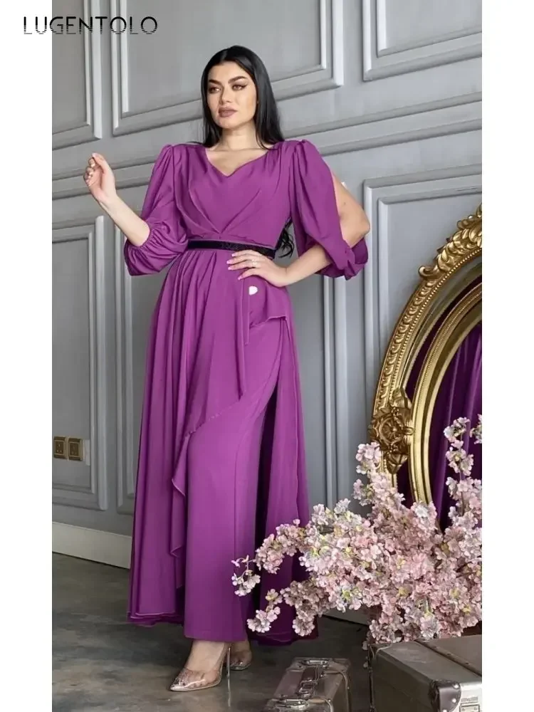 Women Party Jumpsuits Sexy Dance High Waist Purple Wide-leg Pants Femall Elegant Big Swing Long Jumpsuit