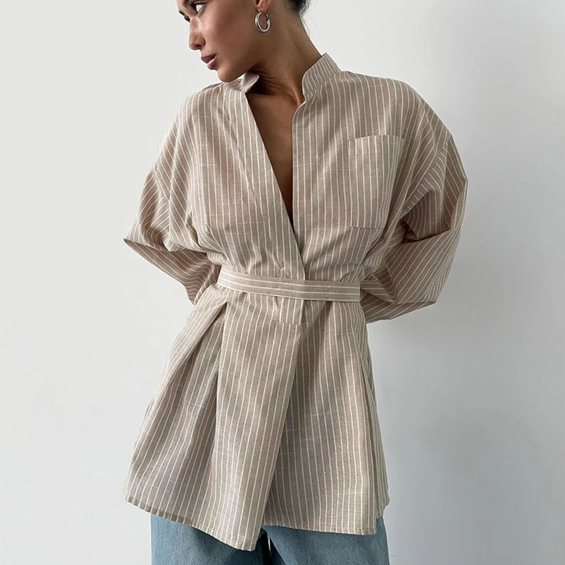 

Clacive Vintage Loose Brown Stripe Women Shirts Fashion Stand Collar Long Sleeve Shirt Elegant Classic Top Female Clothing