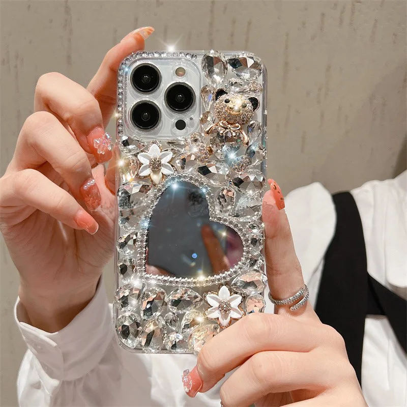 Diamond Mirror Phone Case for Xiaomi, Redmi 9A, 9C, Note8, 9Pro, Note10S, 11 Pro, 12Pro, Make Up Mobile Cover