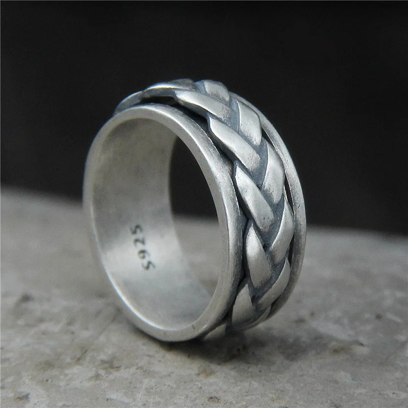 Real 925 Sterling Silver Rings For Men And Women Rotating Ring Matte Braided Type Twisted Rope Retro Antique Style