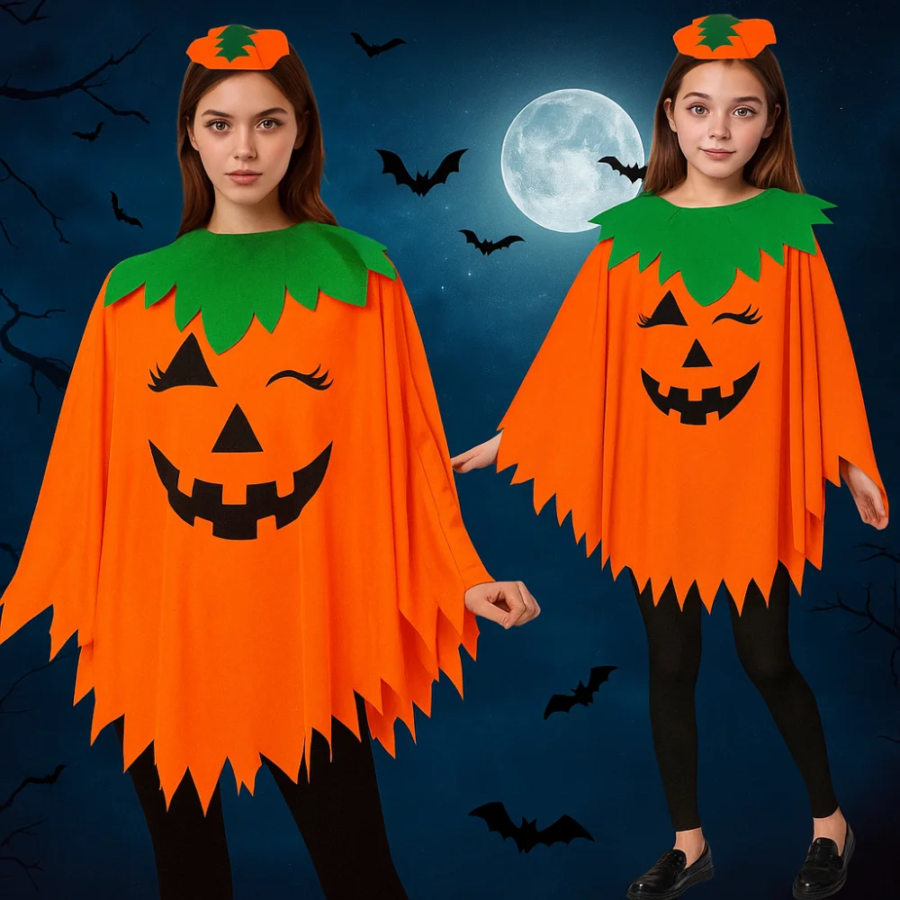 

Witch Costume Noctilucent Pumpkin Cloak Smock Style With Headband Pumpkin Cosplay Costume Full Suit Handbag