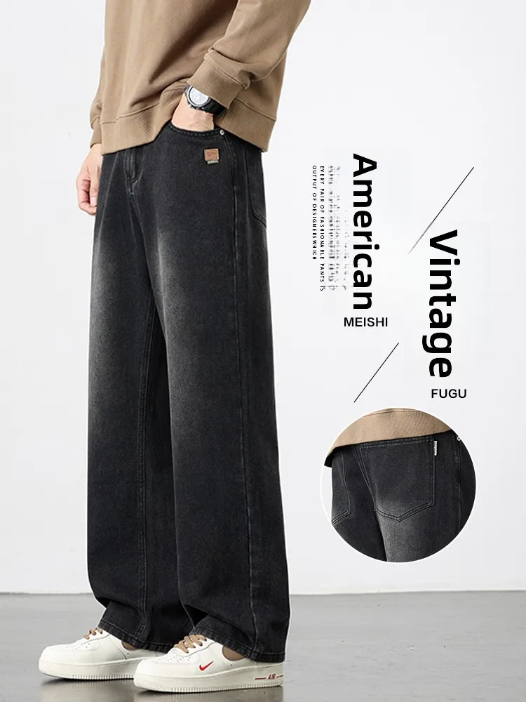

Loose Men's Jeans Casual High Street American Style Autumn Vintage Straight Leg Long Pants Wear Resistant mid Waist Zipper