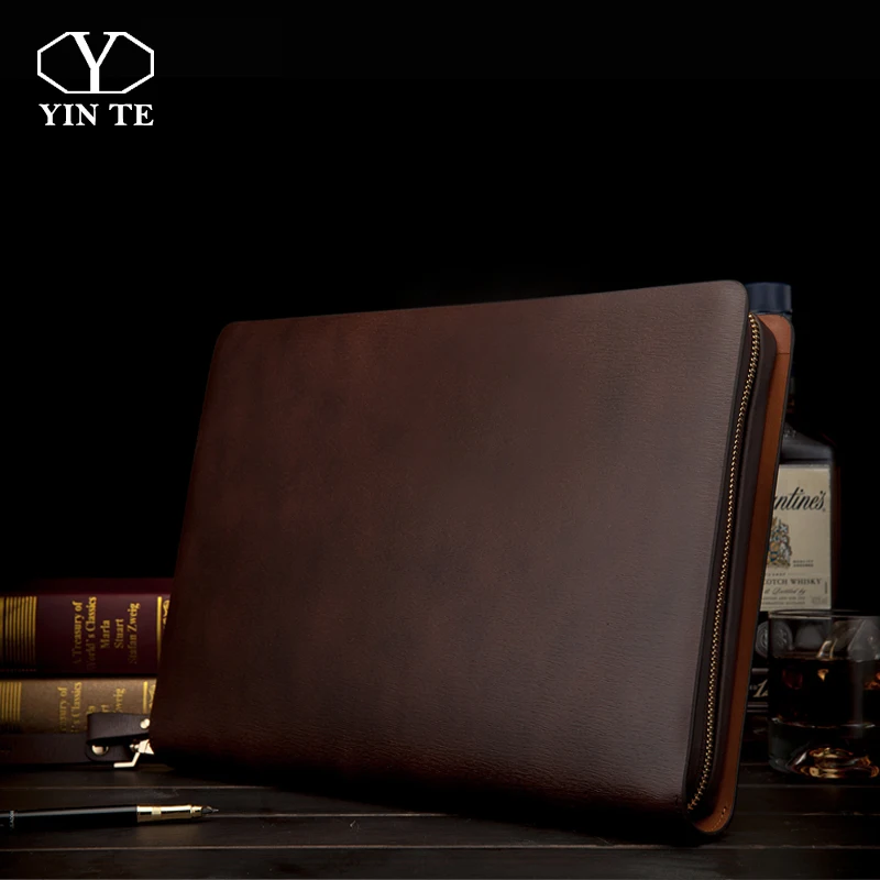 YINTE Leather Bags Men Women Business A4 Leather File Bag Storage Zipper Tablet Bag Large-capacity Thickened Document Briefcase