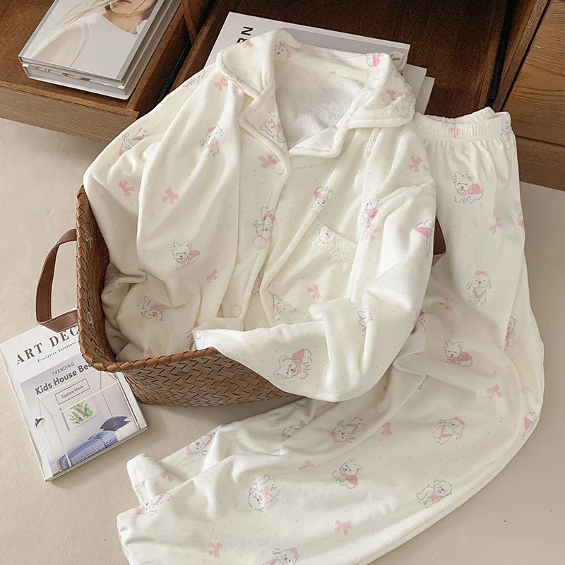 Pijamas de mujer Otoño Invierno nuevo modelo ropa de dormir cómoda cárdigan de manga larga pijama de algodón grueso traje para casa que mantiene el calor