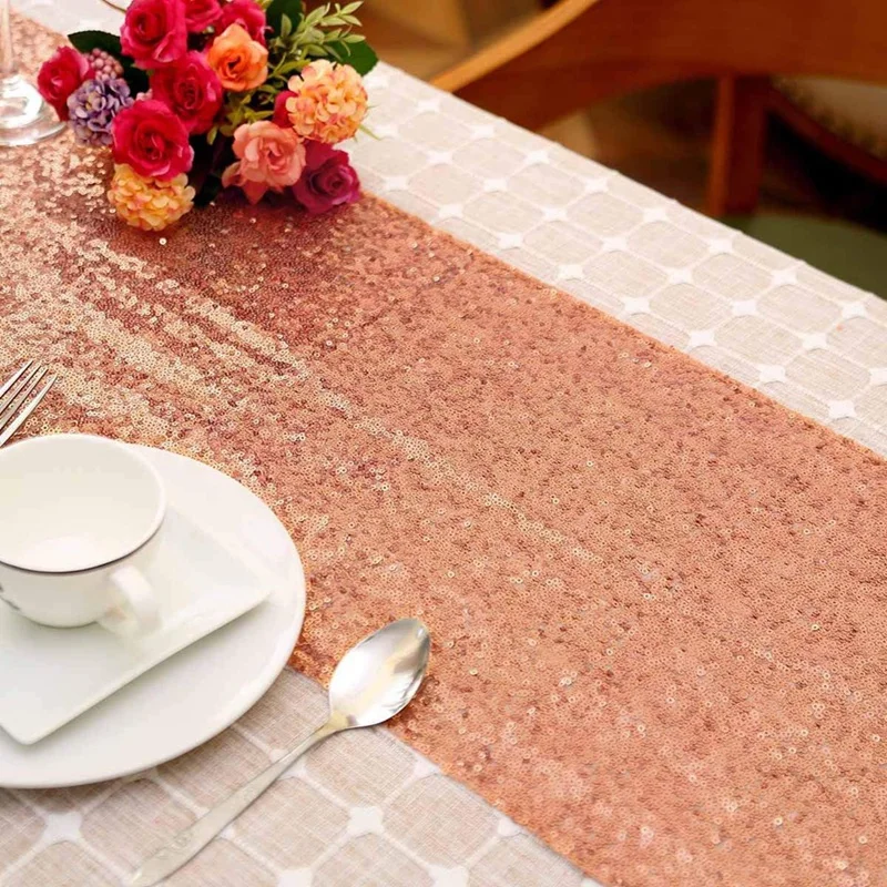 2PCS Sequin Table Runner Copper Glitter Runner For Birthday Party Supplies Wedding Bachelorette Holiday Celebration