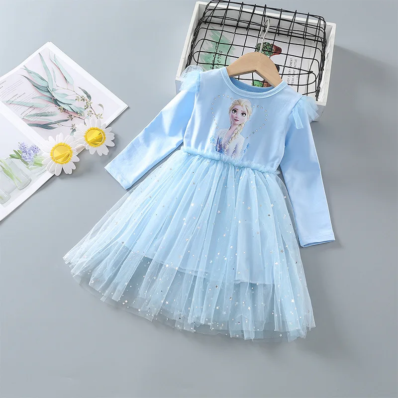 New Disney Elsa Princess Dress Girls Dress Spring and Autumn Dress Long-sleeved Children's Western Style Frozen Kids Dress 2-Y