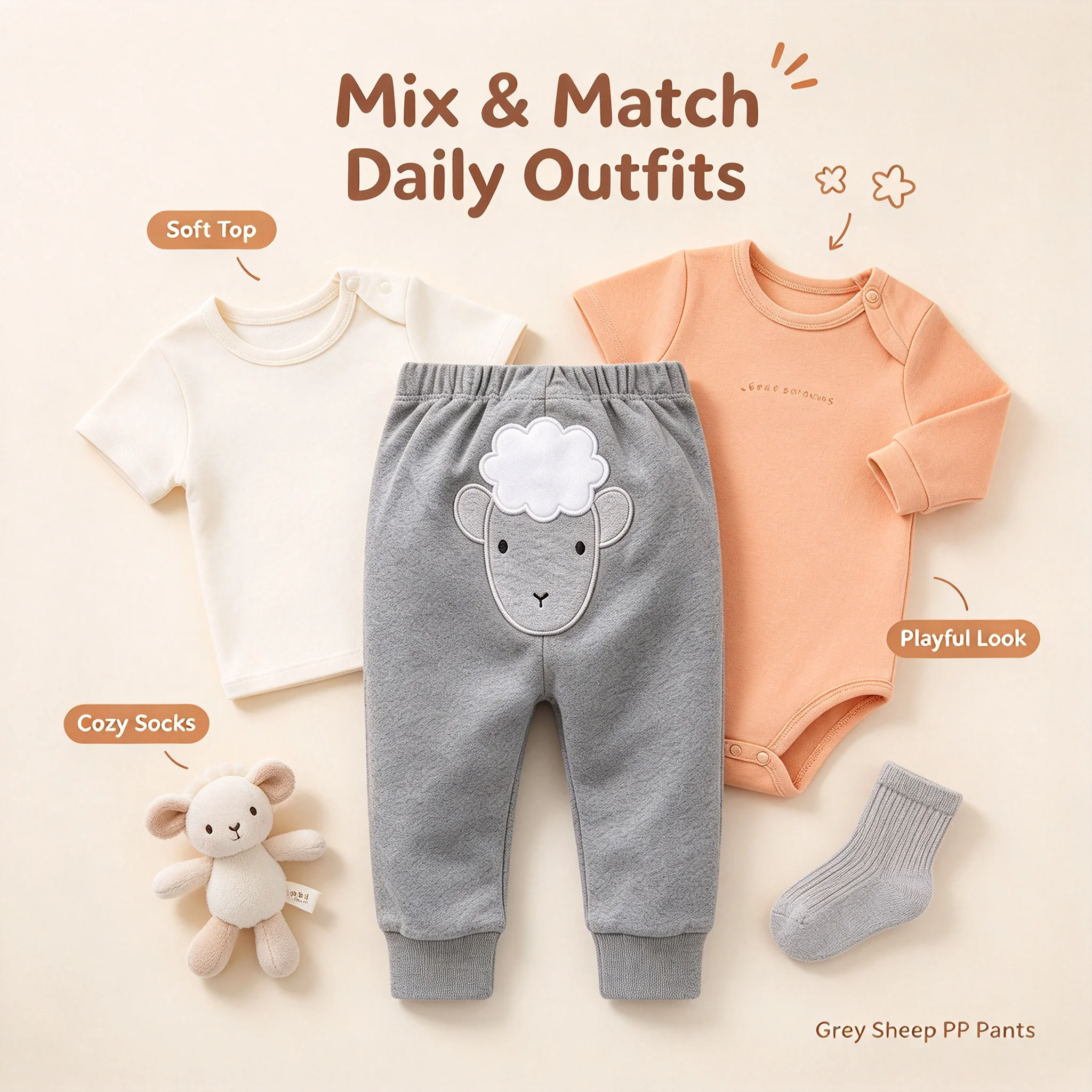 Infant Soft Cotton Butt Pants 3~24M Newborn Kids Cartoon Sheep Applique Trousers Elastic Cuff Casual Pants