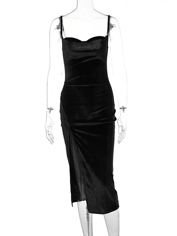 Women Elegant Velvet Swing Collar Sleeveless Slip Sexy Slit Maxi Dress New Fashion Evening Party Streetwear Y2K Long Dress