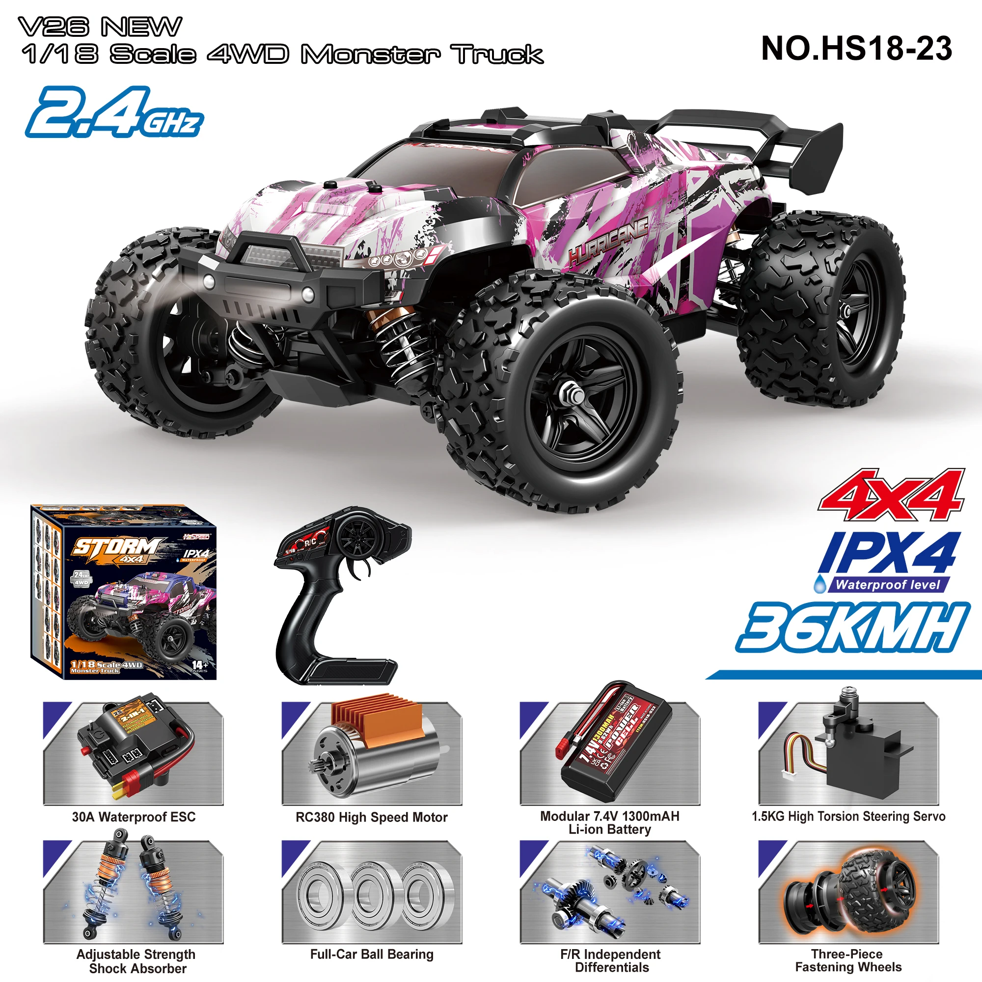 HS18-21 HS18-22 Model ​1:18 Scale 4WD Full-Size RC Speed Car 36 km/h Off-Road Truck RC Car RC High-Speed Car for Kids