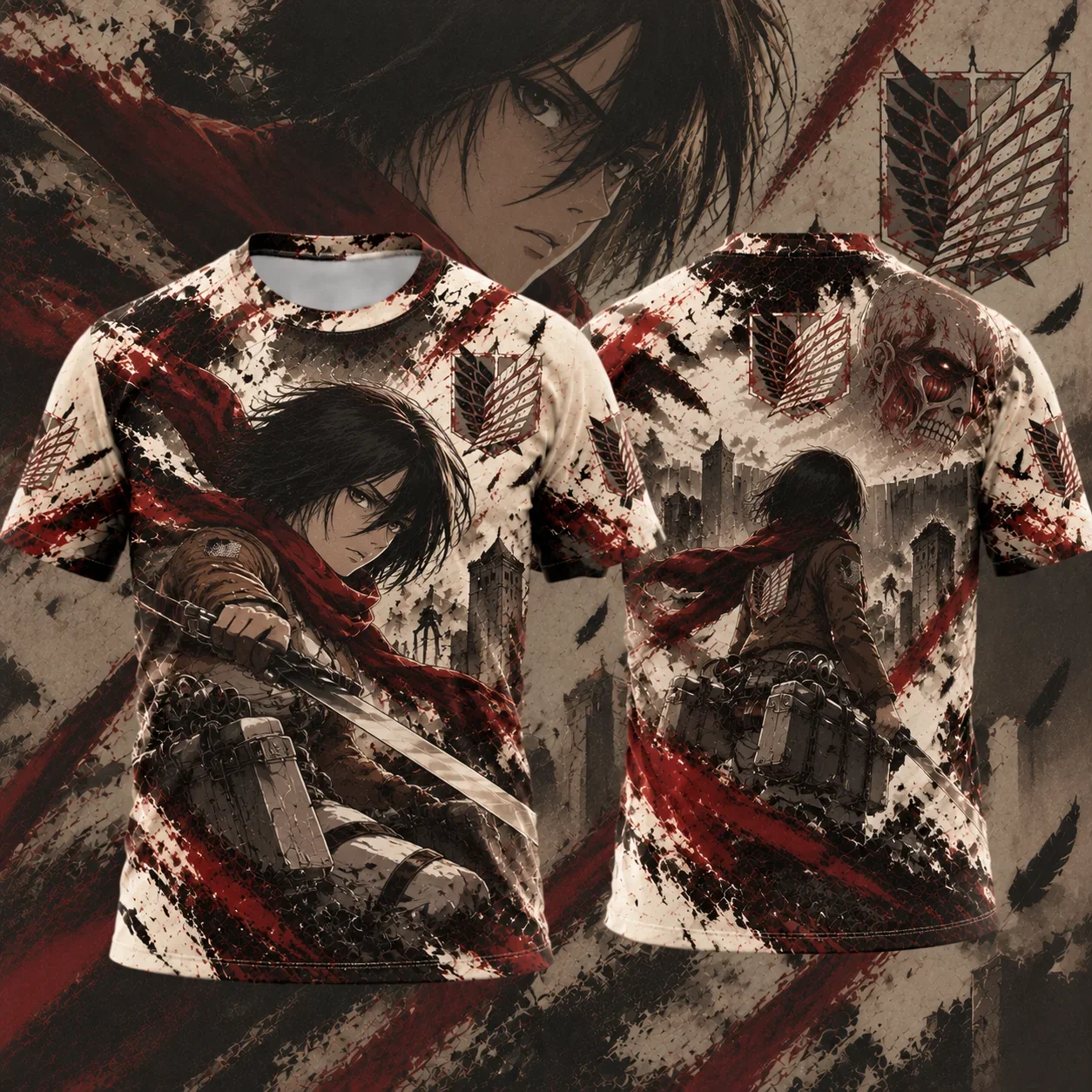 Front Back Anime Sword Fighter Graphic T-shirt Unisex Cloak Warrior Giant Skull Red Splatter Dual Sided Print Summer Popular Tee