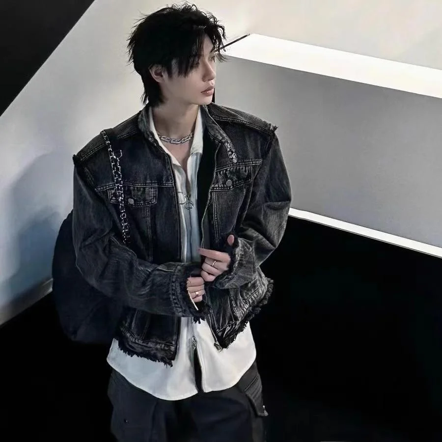 

Retro American Heavy Du Men's Denim Jaet with oulder Pads And Frayed Design Trendy Brand Cool High-End Feel Outerwear