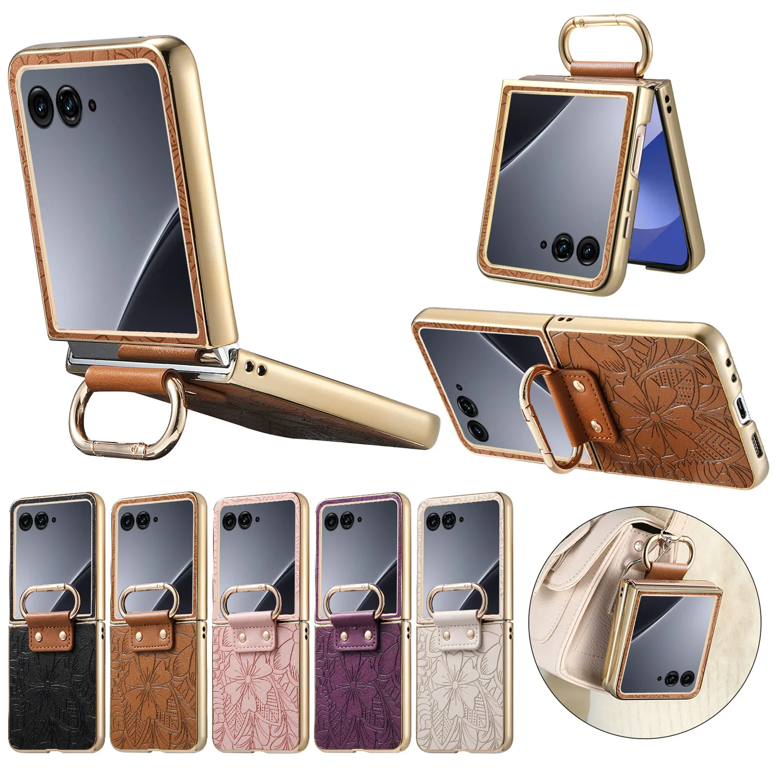 Modne etui skórzane z wytłaczanymi kwiatami do Motorola Razr 60 Ultra 50, wygodny uchwyt, odporne na wstrząsy, z pierścieniem do przenoszenia, przenośne, smukłe etui. — zdjęcie produktu 6
