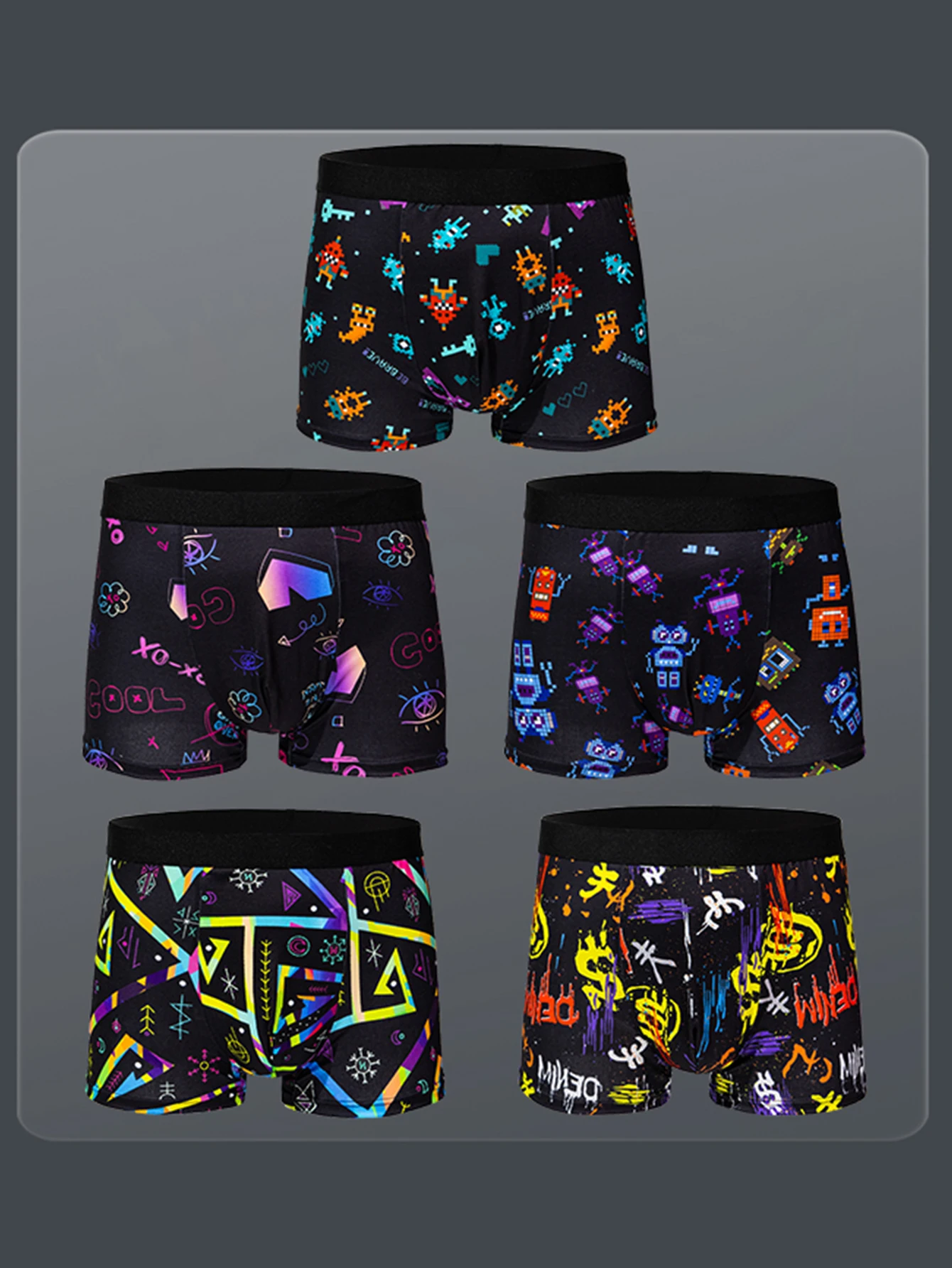 5-pcs Men's trendy graffiti, pixel, cyberpunk print boxer underwear, comfortable and casual and fashionable boxer image 6