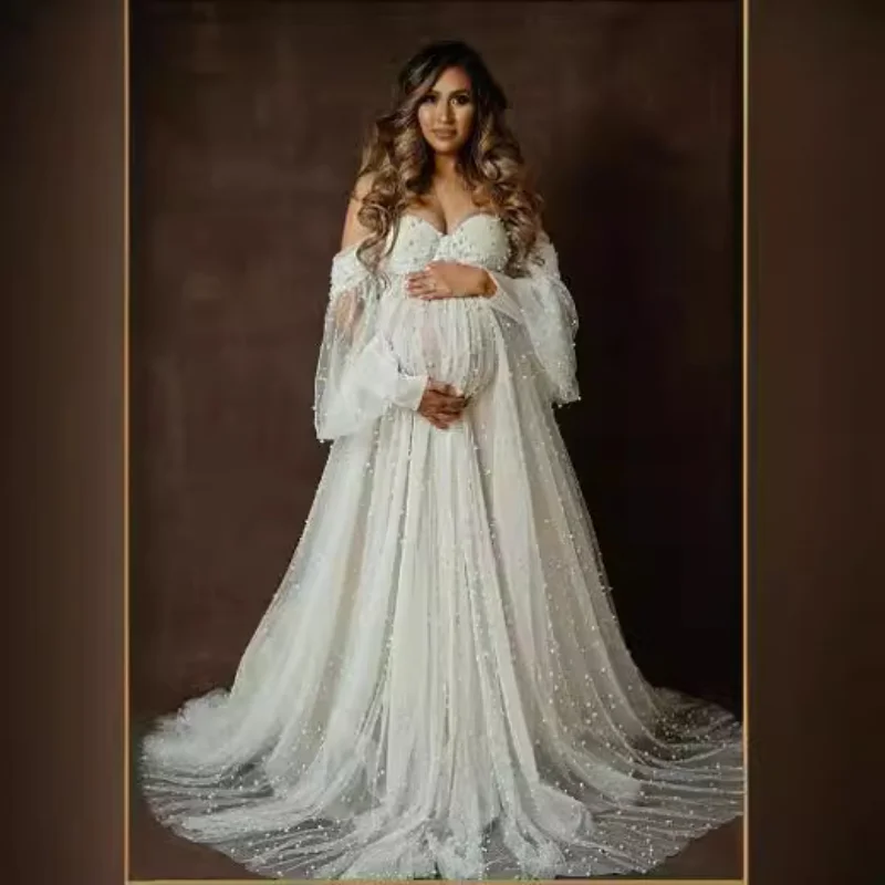NONE Robe de maternité européenne et américaine, robe Maxi en maille et perles, épaules dénudées, avec traîne, robe de séance photo, robe de photographie, grossesse 3