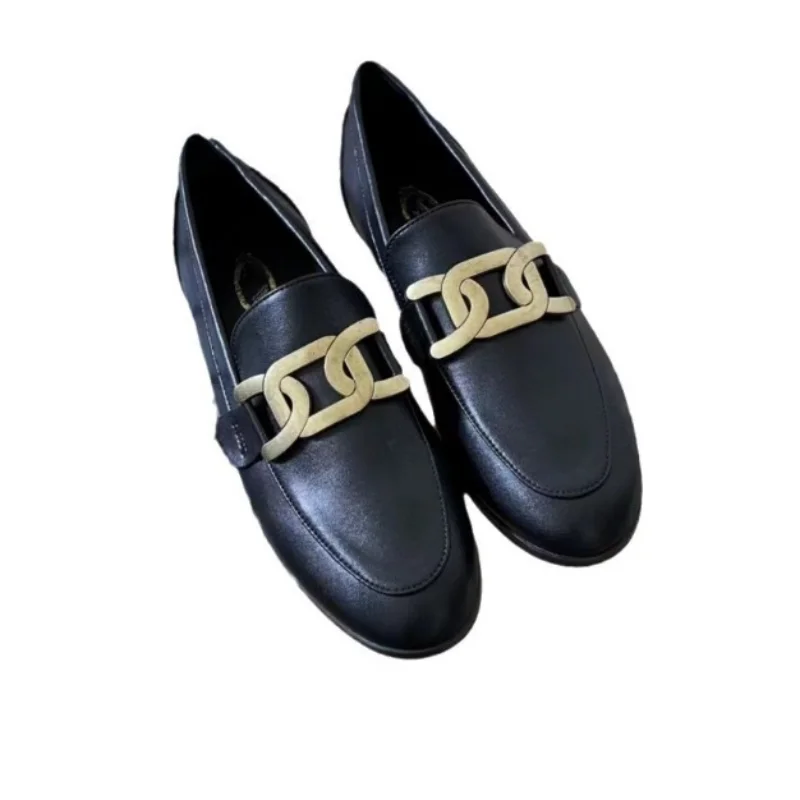 2024 New High Quality Luxury Flat Loafers Metal Buckle Round Head Half Drag Comfortable Retro British Style Women's Shoes