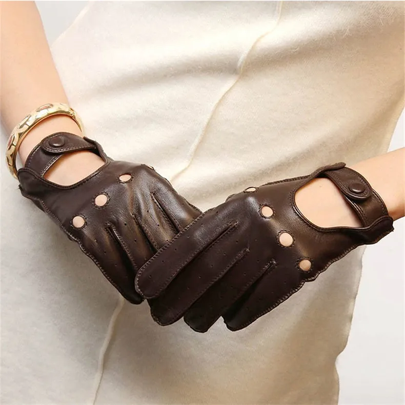 ファッショナブルなショート薄型レザーグローブ女性用ドライビンググローブシープスキン本革オートバイグローブ-l7w