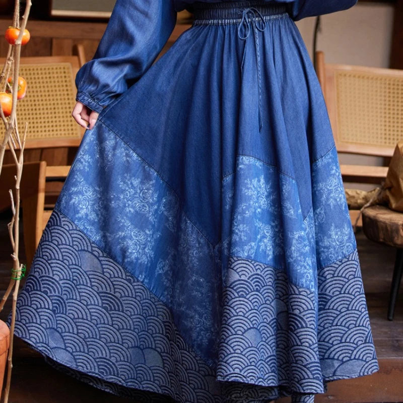

Denim Washed Women Skirts Print Loose Fit Spliced Elastic Waist Long Skirt Casual Vintage Basics Lady A Line Maxi Summer 2025