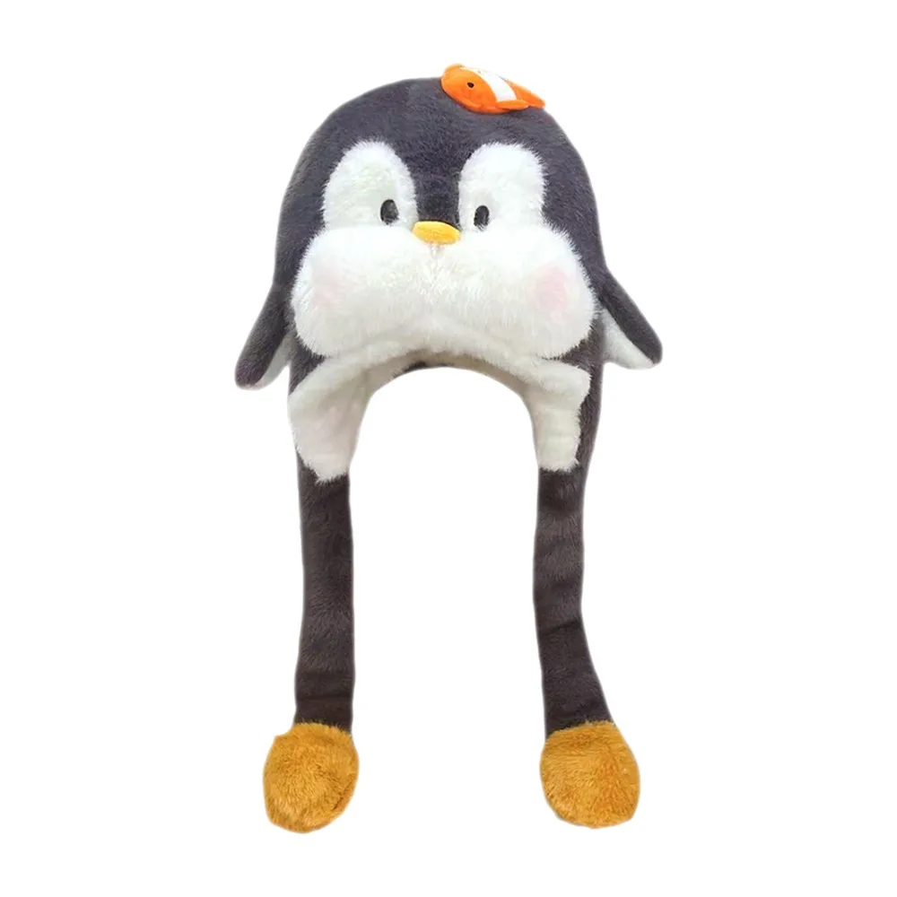 

Креативная шапка с подвижными ушками пингвина, утолщенная защитная шапка для ушей с героями мультфильмов, сохраняющая тепло, ветрозащитная пушистая шапка-пуловер для женщин