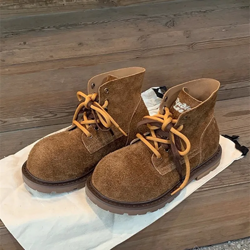 

Punk-Style Cow Suede Ankle Boots Women Two-tone Laces Design Biker Boots Anti Slip Height-increasing Fall Winter Platform Boots