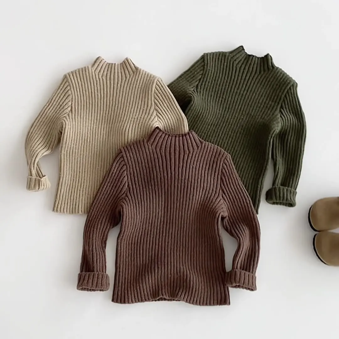 1-5Y Kids Sweaters Turtleneck Boys Knit Pullover Solid Color Girls Base Knitwear Children Outfit
