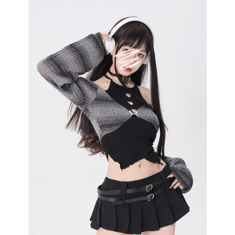 2025 New Subculture Y2k Millennial Babes Off-the-shoulder Striped Top High Waist Design Niche Skirt Two-piece Suit For Women