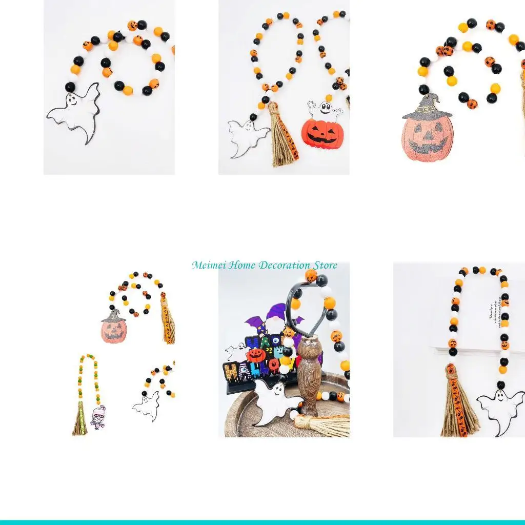 H7BF Halloween Bead Garland with Tassels Farmhouse Beads Rustic Beads