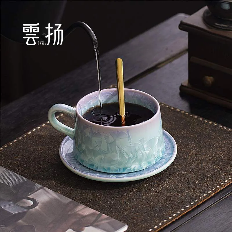 YFY crystal glaze ceramic teacup gentle wind gradual change color ceramic teacup coffee cup with tray spoon set advanced sense