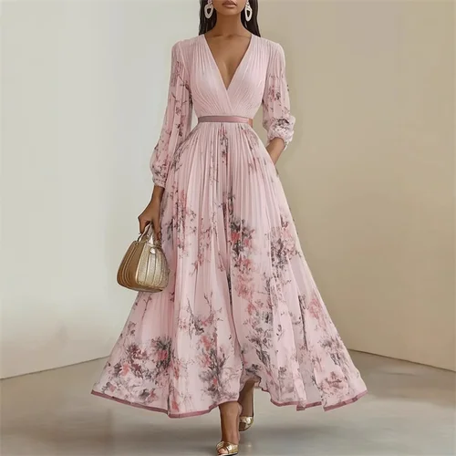 Imagen 2 del producto Nuevo vestido elegante de primavera y verano para mujer, vestido Sexy con cuello en V estampado de manga larga con vuelo grande, vestido de vacaciones acampanado, vestidos Maxi para mujer, ropa