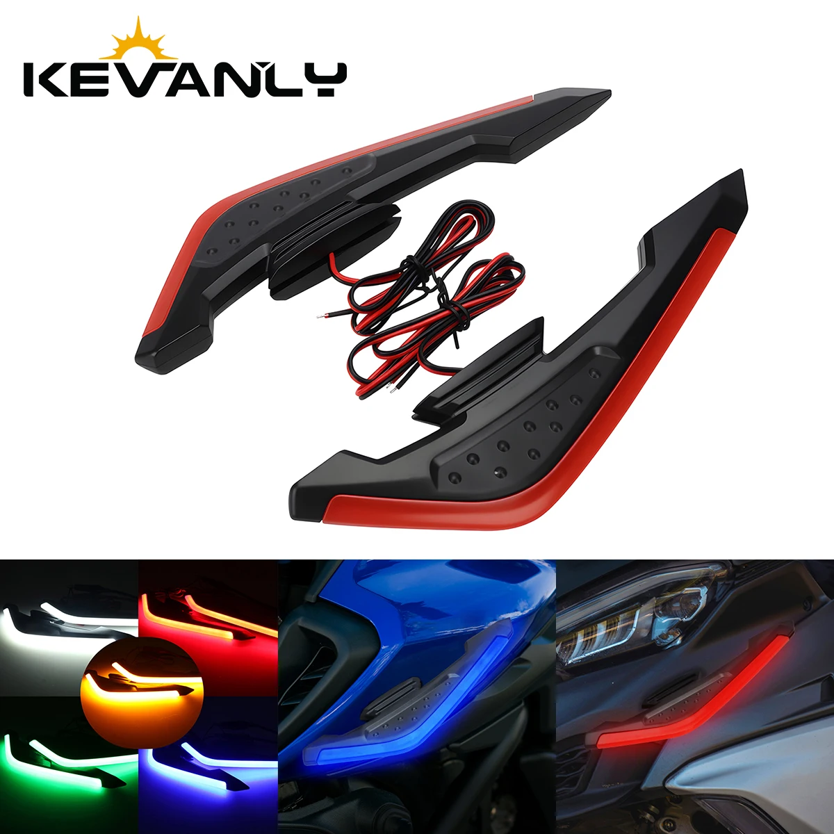 1 par de kit de luzes LED aerodinâmicas para asas laterais dianteiras de motocicleta, luzes de asa aerodinâmicas universais, lâmpada spoiler, acessórios decorativos para motocicleta