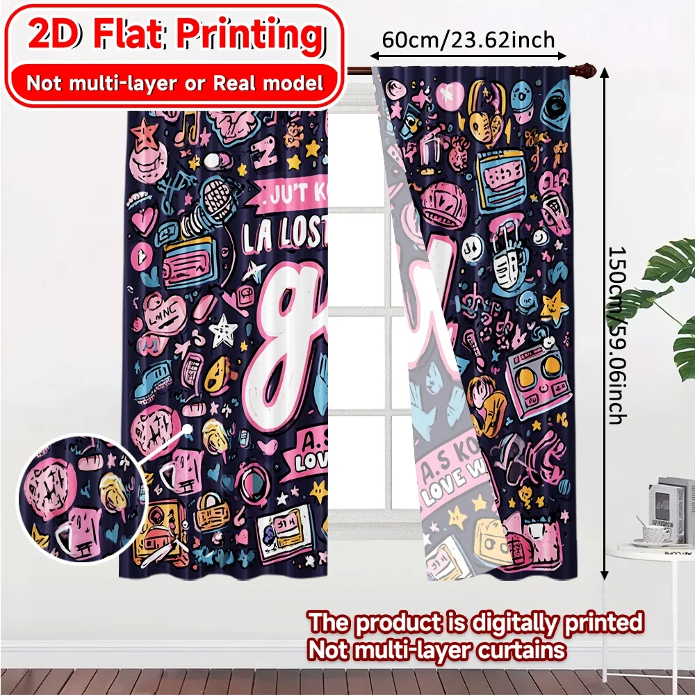 2D Flat Printing,2pcs K-Pop Love Burst Modern Print Curtains Polyester Easy Install Curtains Art Deco Festive Perfect for