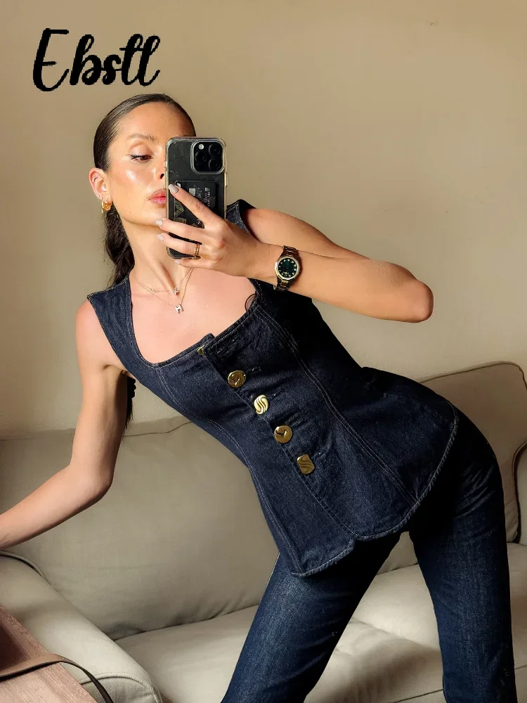 

Джинсовый жилет и брюки, костюмы, женские пуговицы, квадратный воротник, топ без рукавов, прямой комплект брюк, весна-лето, однотонные комплекты, женские уличные комплекты