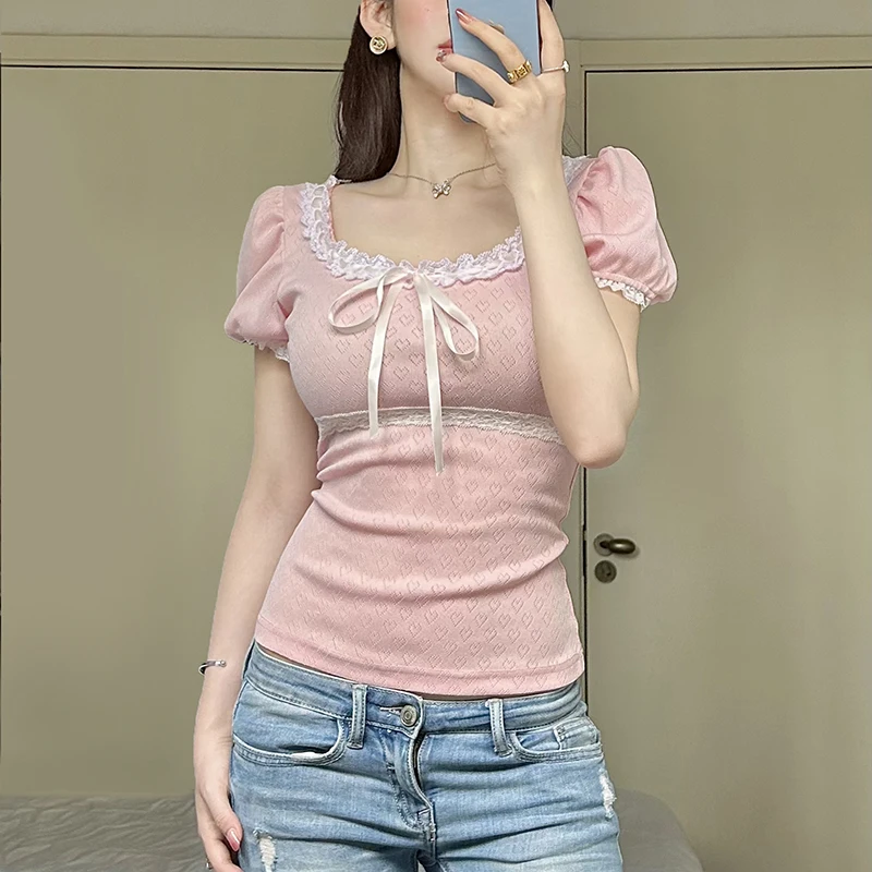 CIBBAR Pink Puff Sleeve Knit Crop Top Cute Coquette Ruched Stitching Short Sleeve T-shirt Women Casual Sweet Summer Tees Shirts