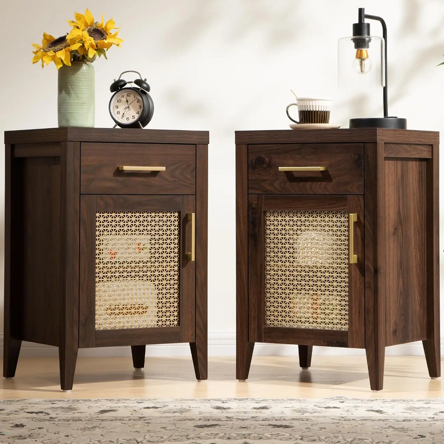 Tall Nightstands Set of 2 with Drawer, Mid Century Modern Wooden Night Stand Rustic Bedside Tables with Storage, , Customized