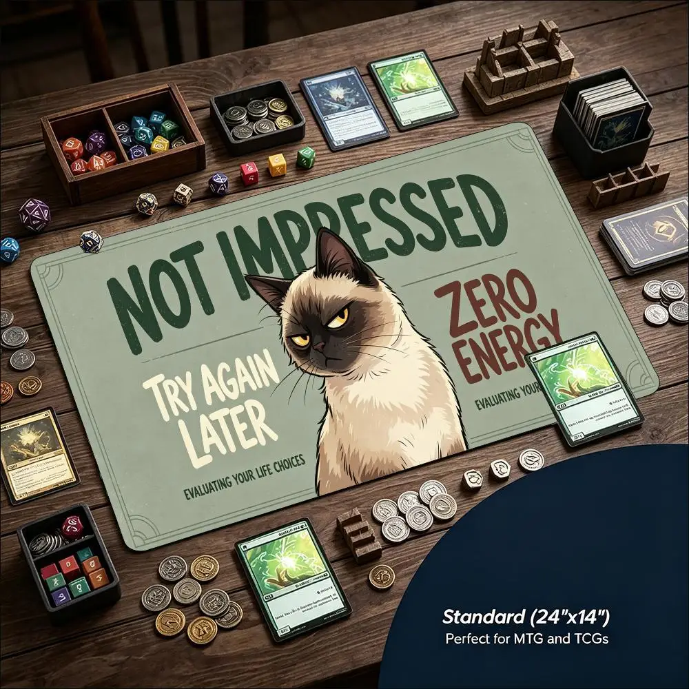 Grumpy Cartoon Cat TCG Playmat Large Non Slip Rubber Mat Smooth Cloth Surface Trading Card Battle Pad For Tabletop Card Sessions
