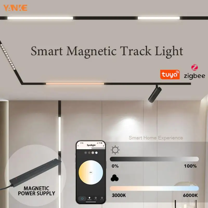 Tuya LED หรี่แสงได้สปอตไลท์แม่เหล็กปรับได้, ระบบไฟส่อง LED แม่เหล็กอัจฉริยะโคมไฟสำหรับห้องนั่งเล่นสีดำ