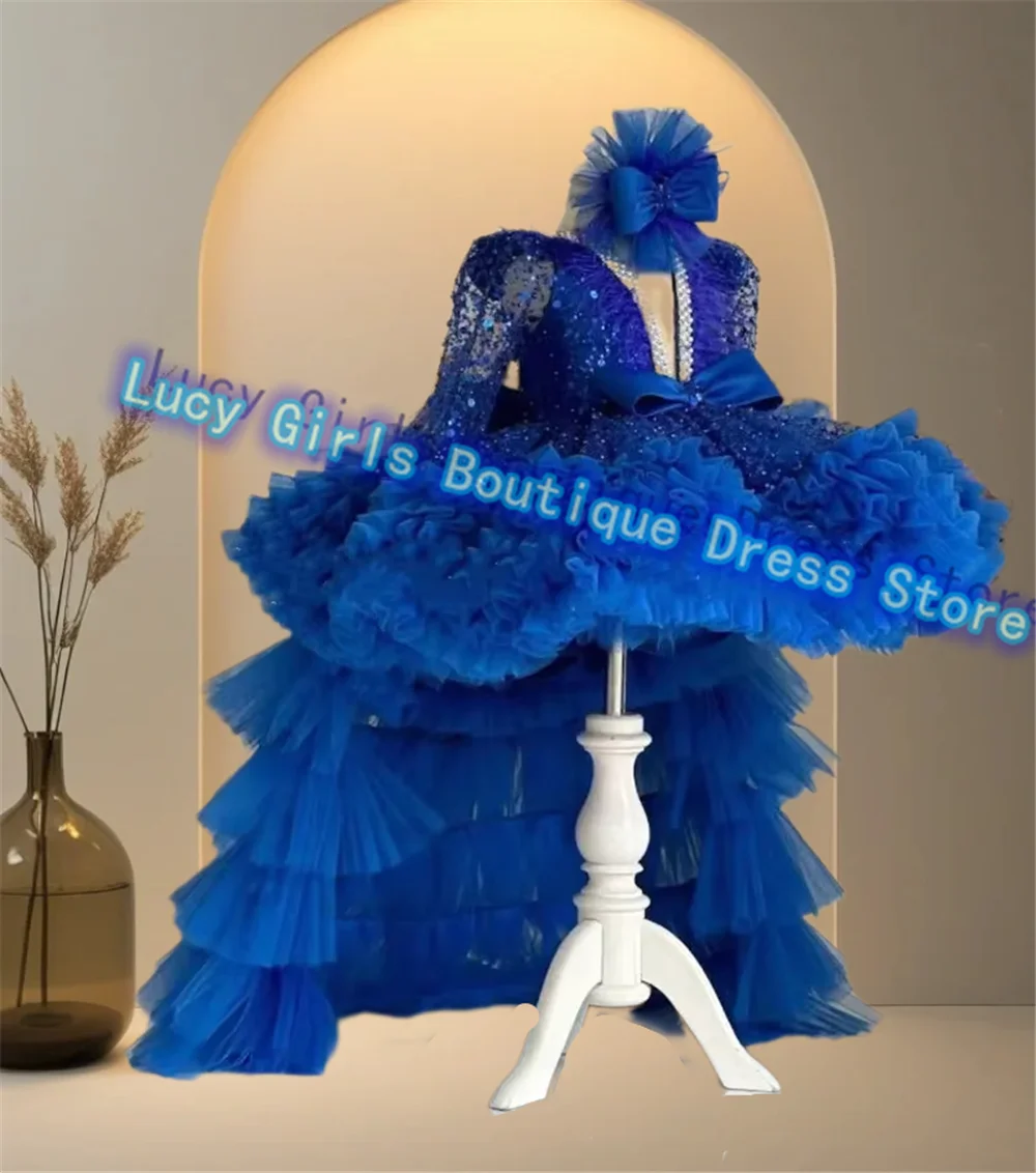 

Luxury Blue Tulle Fluffy Flower Girl Dress for Wedding Full Sleeves With Long Tailing Party Dress Kids Birthday Party Gowns