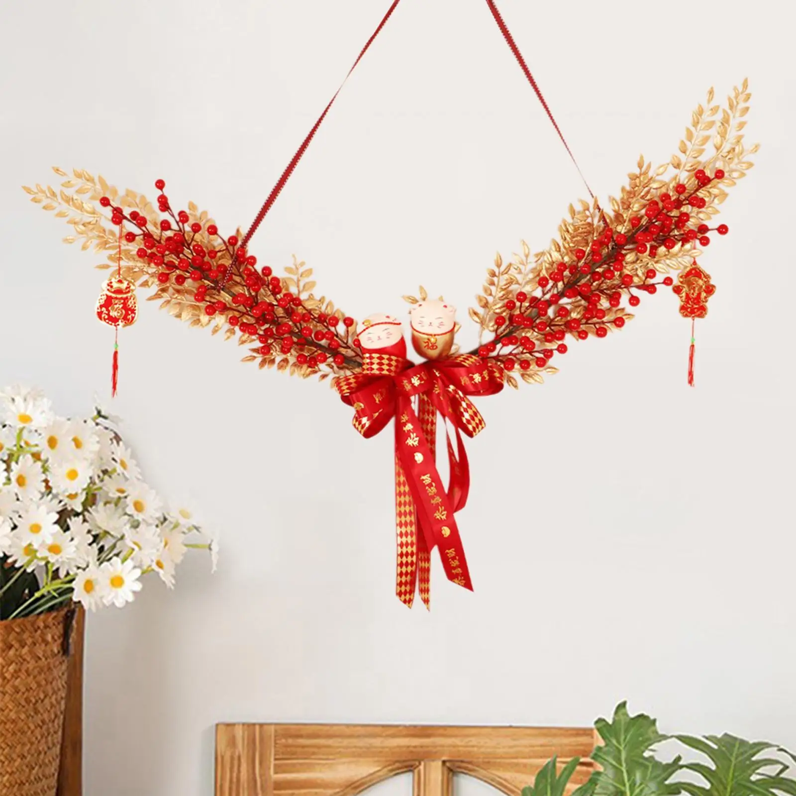 

Chinese New Year Wreath with Fortune Cats Crafts Wall Hanging Decoration for Holiday Indoor Outdoor Fireplace Living Room Office
