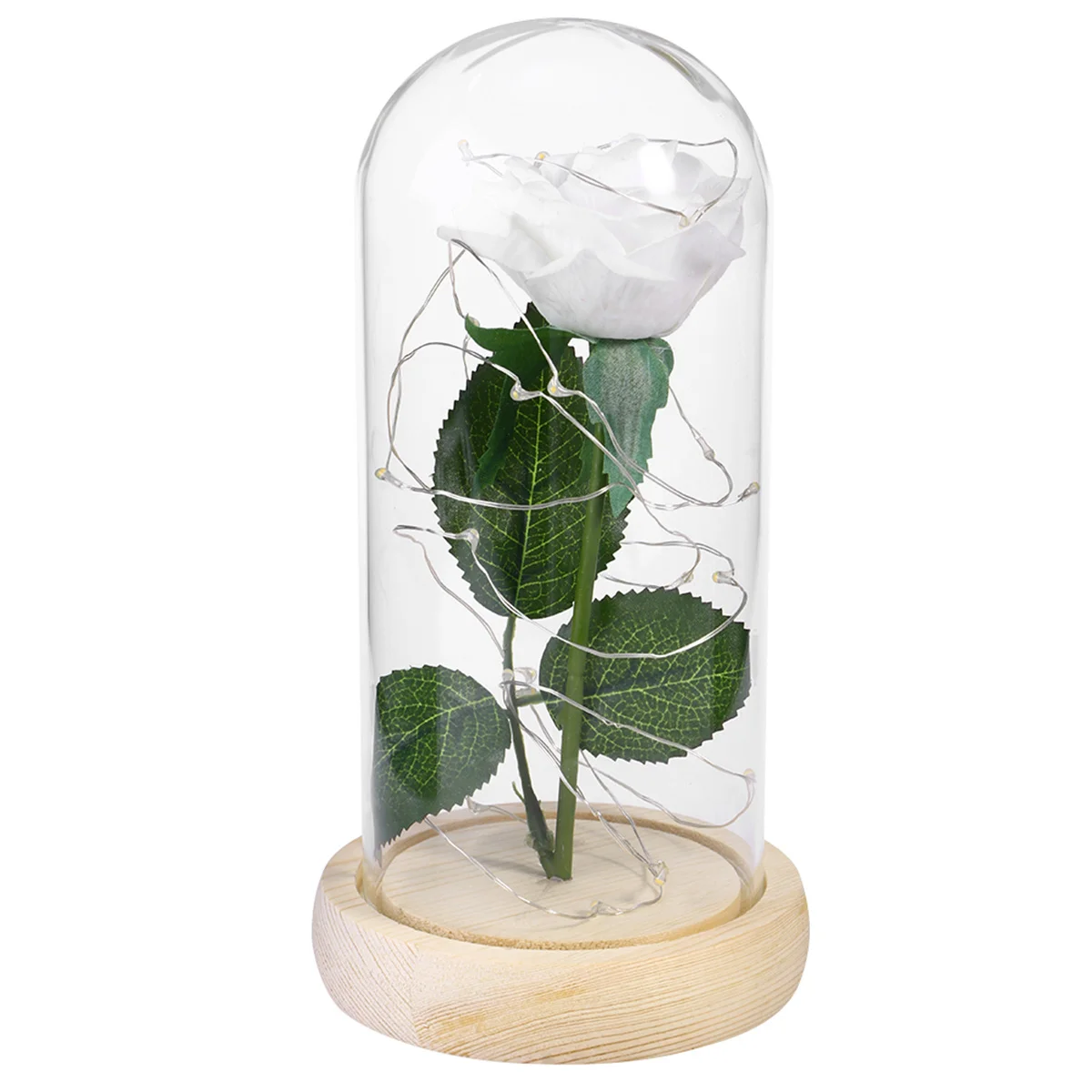 

Single Rose LED Light in Clear High Borosilicate Glass Dome on Wooden Base Romantic Decoration for Wedding Birthday Party Club