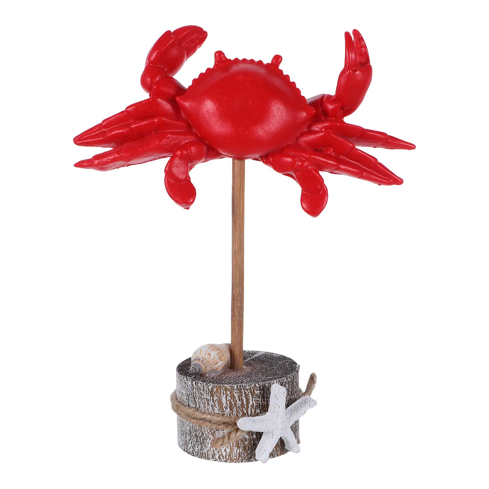 Hand-Painted Red Resin Hermit Crab Statue on Wooden Base – Coastal Nautical Home Decor Accent