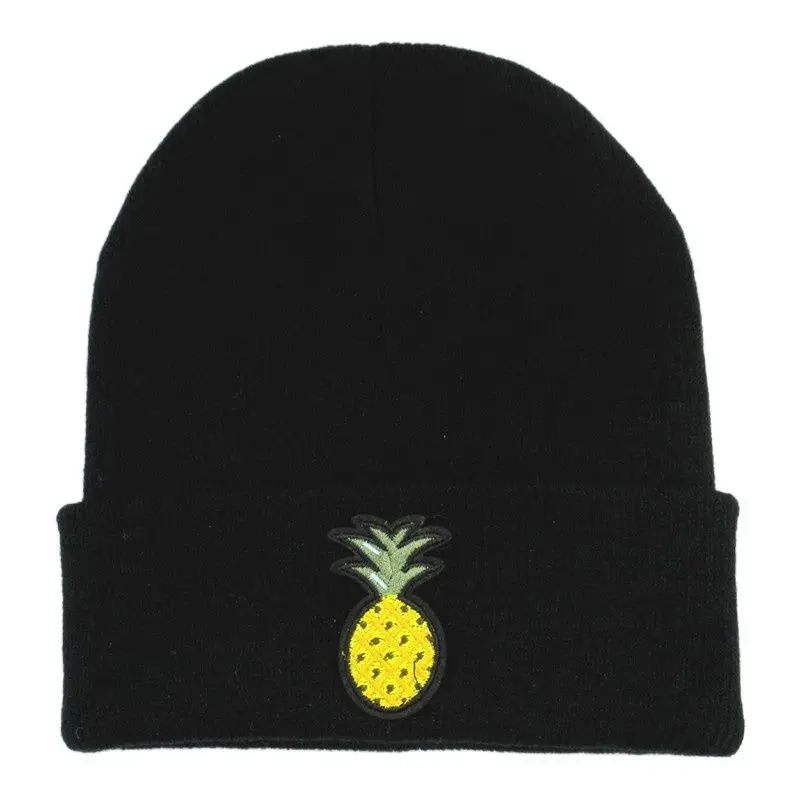 

Pineapple Embroidery Cotton Thicken Knitted Hat Winter Warm Hat Skullies Cap Beanie Hat for Men and Women 134