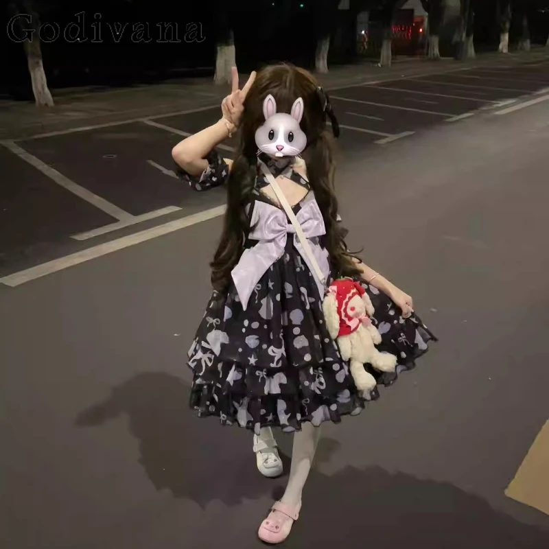 Japanese Sweet Girl Lolita Dress Daily Wear Black Appointment Short Dress Women's Cosplay Short Sleeve Bow Cute Dress