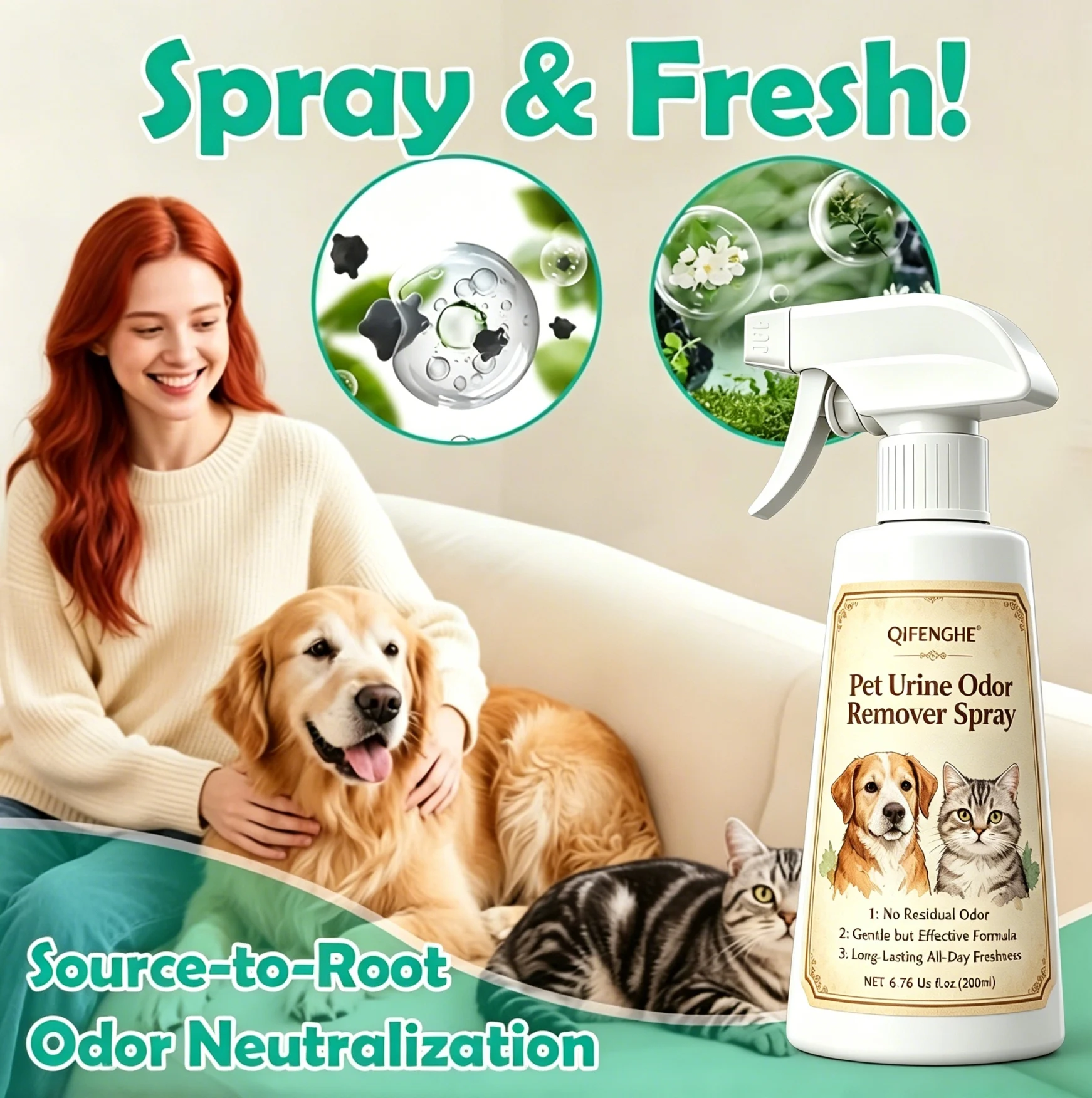 Pet Urine Odor Remover Spray 6.76 Us fl.oz.(200ml), Pet-Safe Odor Eliminator Deodorizer, Gentle But Effective Formula Neutralize