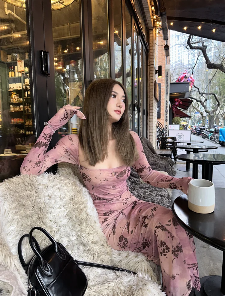 Sukienki Damskie z Długim Rękawem Sukienka dla Kobiety na Wesele Imprezę Wiosenna Szyfonowa Aplikacja Wstążki Falbany Bez Talii Minimalistyczny Styl OL