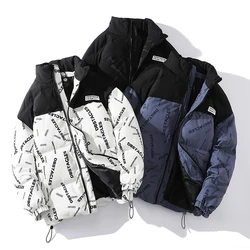 Korean Style Men Harajuku Warm Parkas Warm Thicken Coat Fashion Contrast Padded Bubble Jacket Letter Print Puffer Jacket for Men