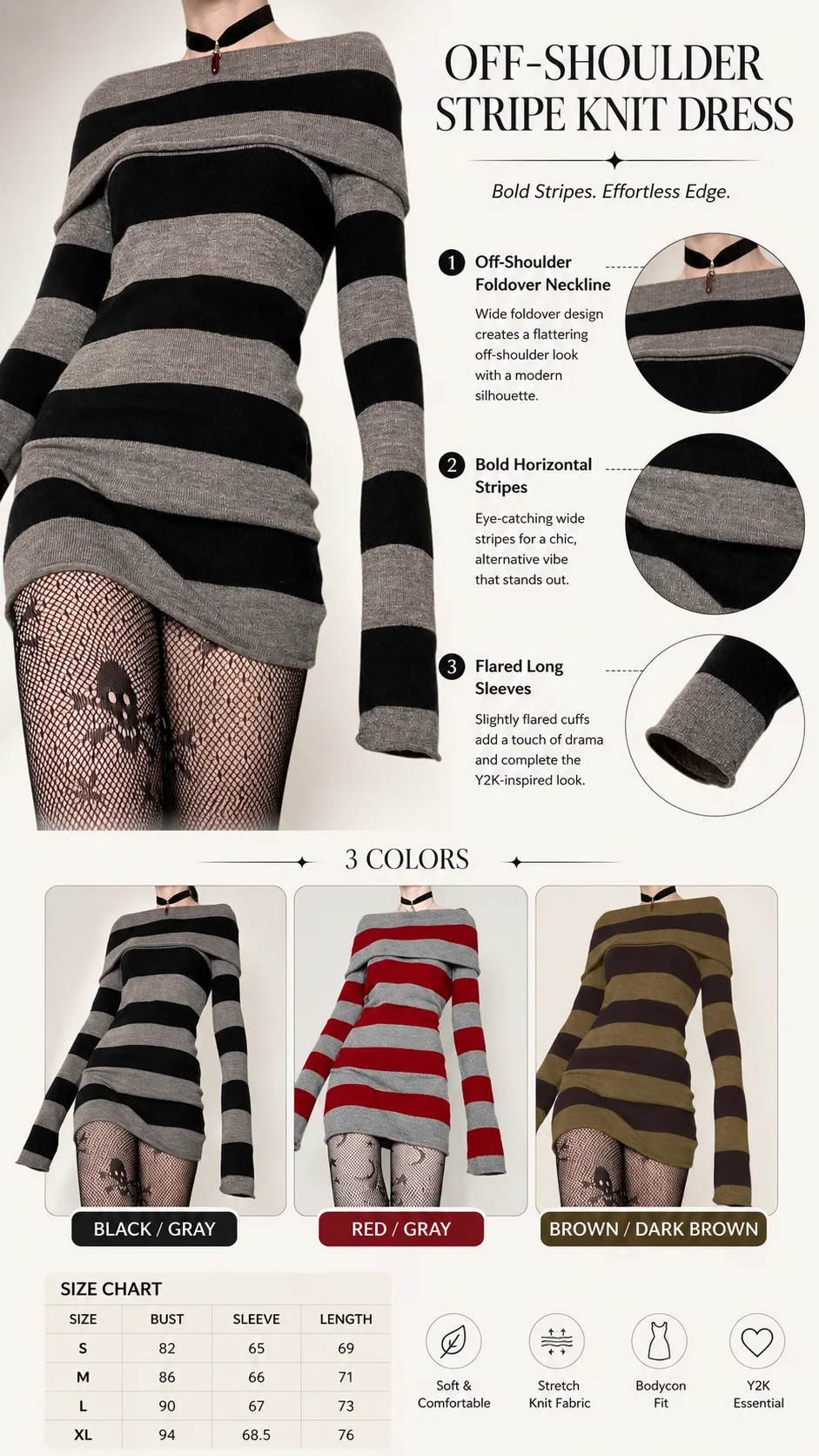 Women Gothic Y2K Off Shoulder Striped Knit Mini Dress, Long Sleeve Bodycon Sweater Dress, Punk Grunge Aesthetic Party Club Outfits image 6